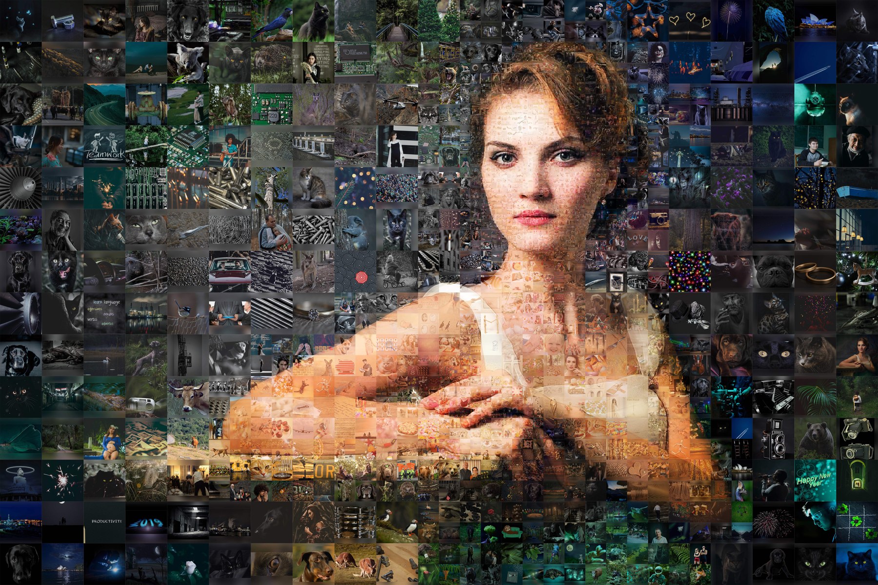 Photo mosaic maker example: a portrait recreated from thousands of small photos with Collager.ai