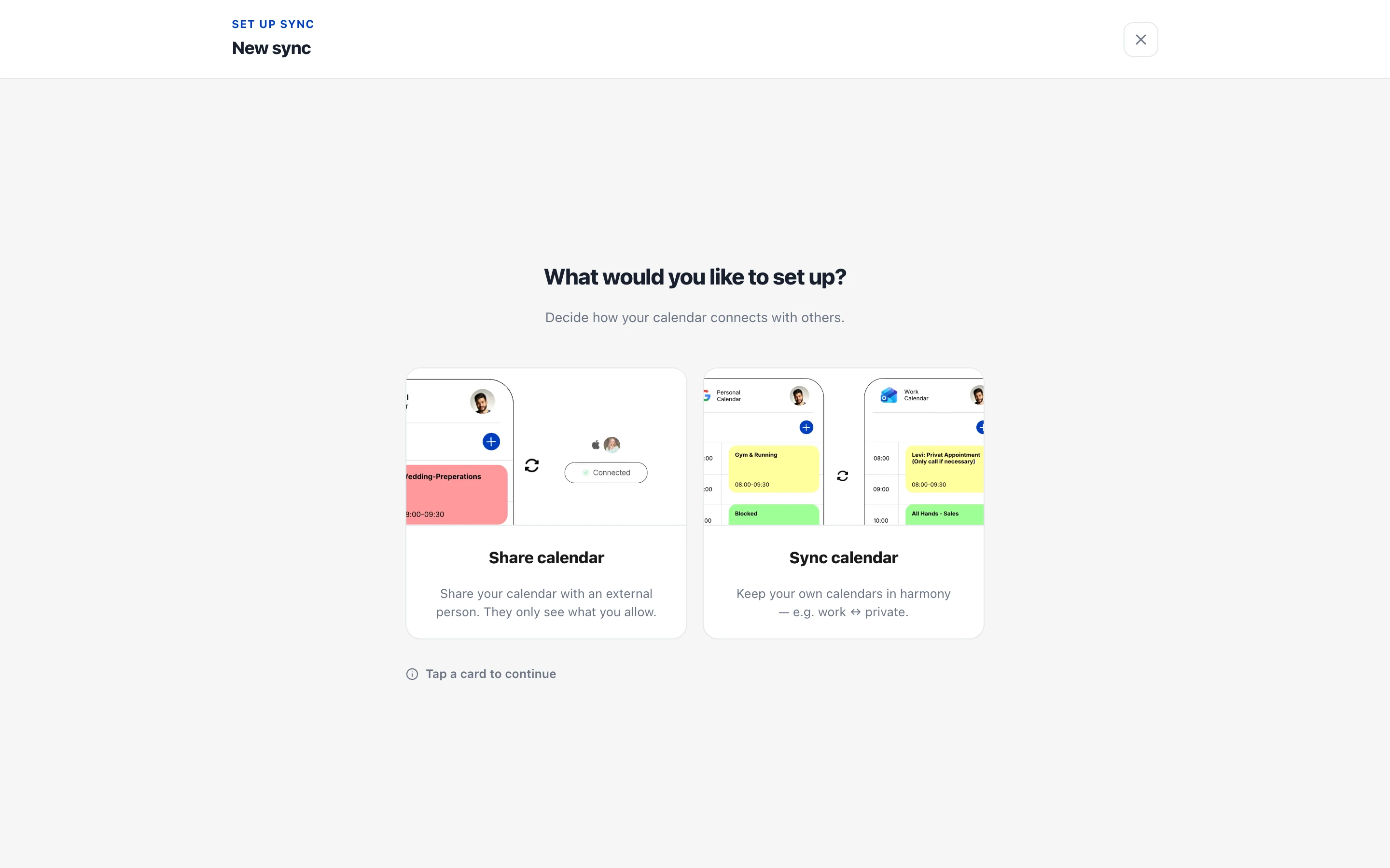 Choose calendar sync or sharing in the app