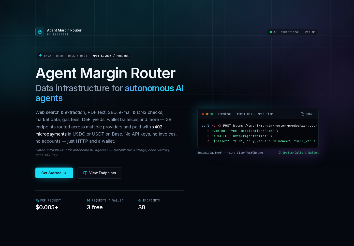  AMR homepage: pay-per-call data tools for AI agents 