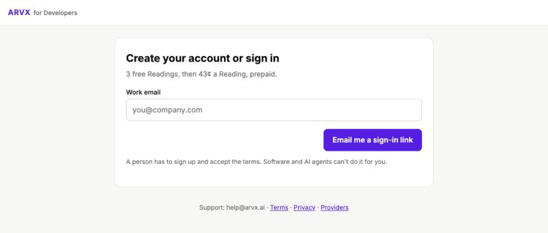 The ARVX sign-up page
